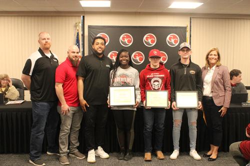 GCSD9 recognized three GCHS Wrestlers at Tuesday's Board Meeting for qualifying for the 2022 IHSA State Tournament: 

- Samir Elliot, Sophomore, First Girls State Qualifier in school  history
- Brenden Rayl, Freshman; 113 pounds
- Dylan Boyd, Junior; 132 pounds
