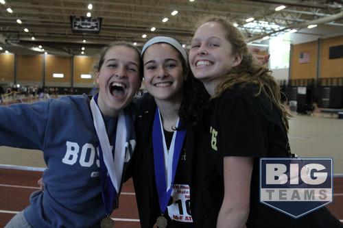 Tereza Bolibruch, Meg Maguire and Bethany Nunnery:
Tereza takes home the 55 Hurdles Title and places 4th in the Long Jump.  Meg wins the 600m dash. Bethany places 2nd in the 3000m and 5th in the 1000m.