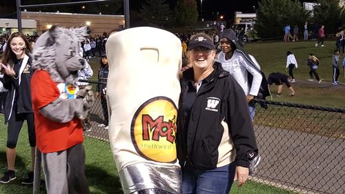 DSA Terri Towle and the Moe's Burrito Mascot!