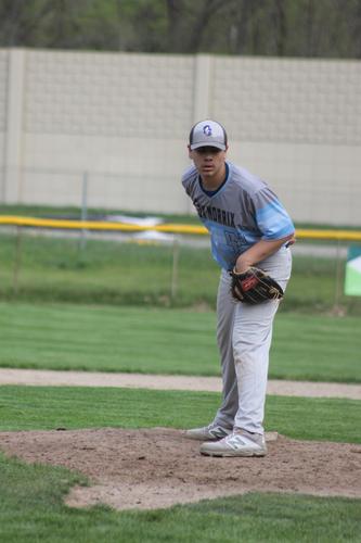 #19 Gabriel Flores gets the win in the first game of a doubleheader against Kalamazoo Central.